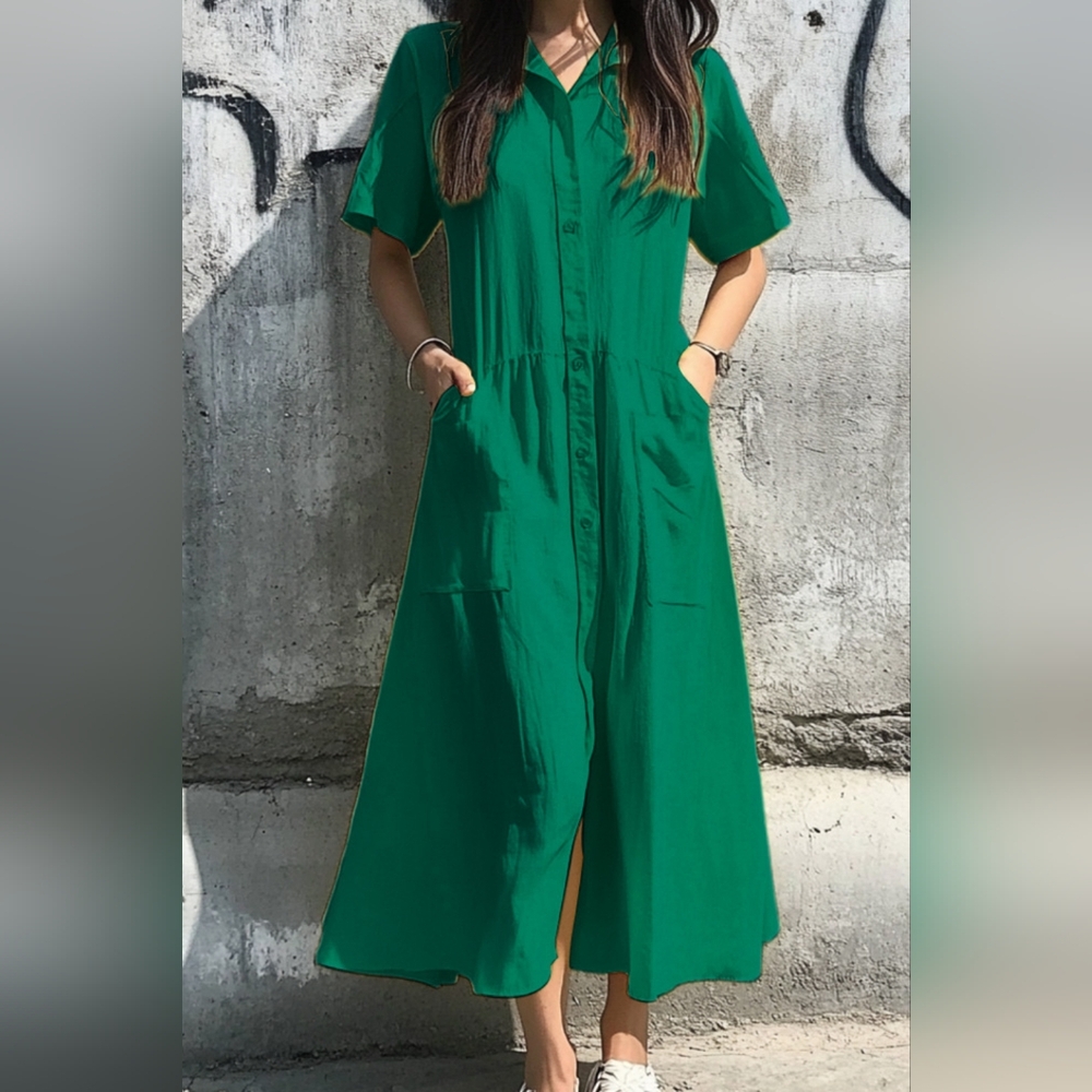 NWT-Linen Texture "An Elegant Woman" Boutique Dark Green Midi Shirtdress -Sz XXL